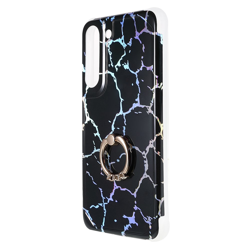 For Samsung Galaxy S22 5G Hard PC + Soft TPU Phone Case Laser Marble IMD Four-Corner Airbags Protective Cover with Ring Kickstand - CF1-3