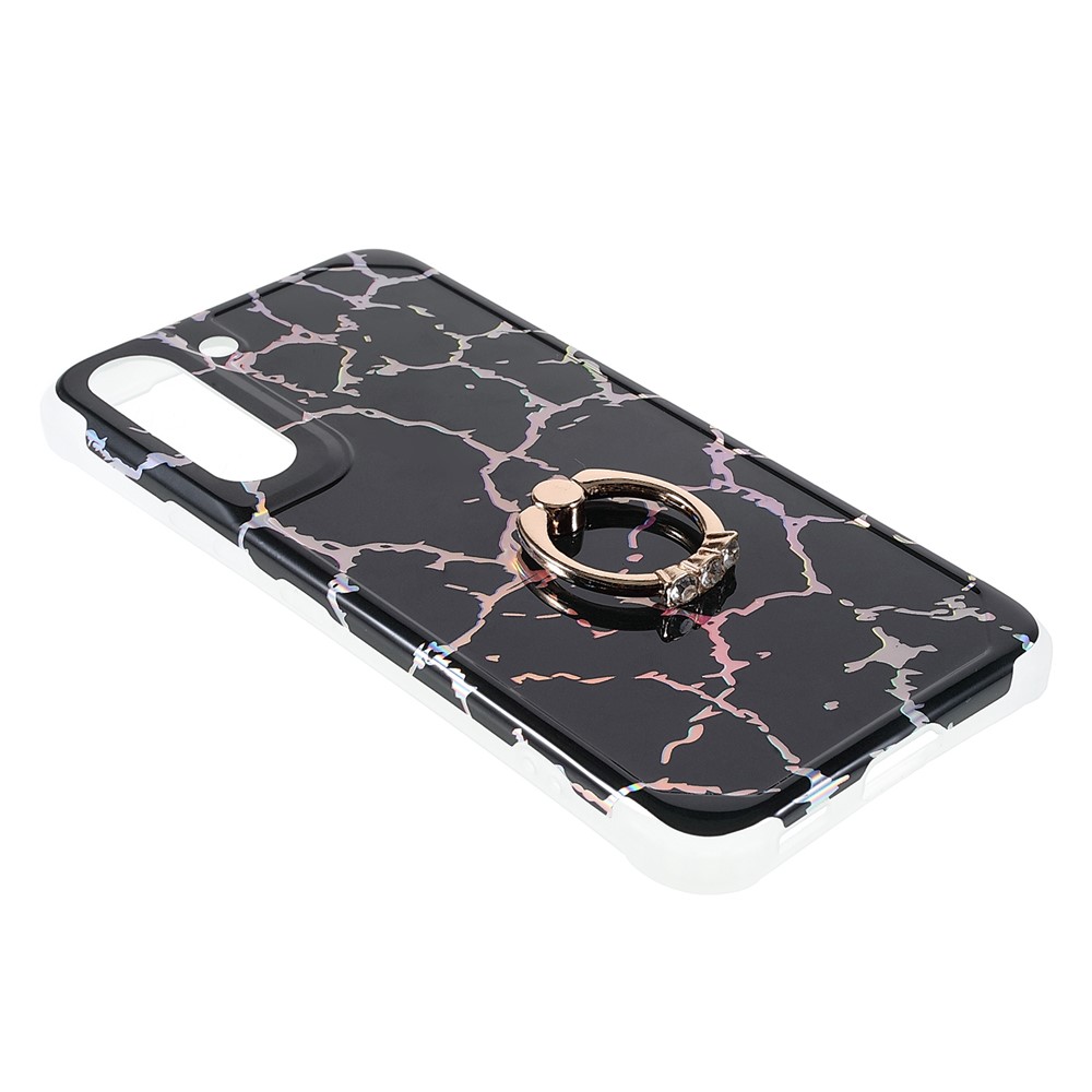 For Samsung Galaxy S22 5G Hard PC + Soft TPU Phone Case Laser Marble IMD Four-Corner Airbags Protective Cover with Ring Kickstand - CF1-4