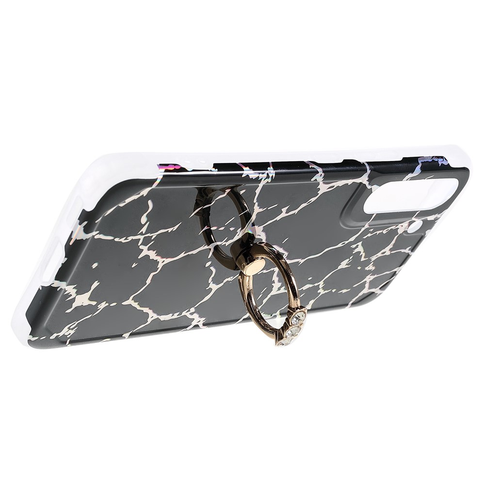 For Samsung Galaxy S22 5G Hard PC + Soft TPU Phone Case Laser Marble IMD Four-Corner Airbags Protective Cover with Ring Kickstand - CF1-5