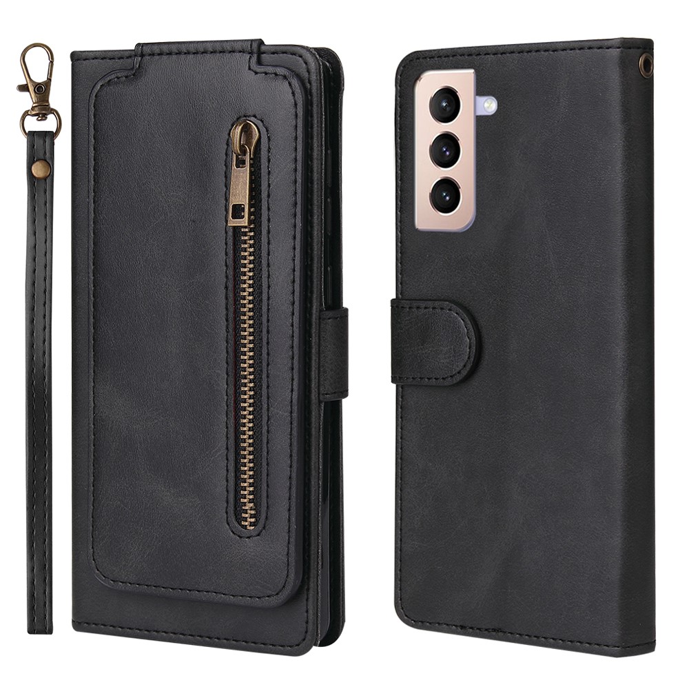 For Samsung Galaxy S21 FE 5G / S21 Fan Edition PU leather 9 Card Holder Slots Zipper Pocket Case Magnetic Closure Stand Wallet Cover with Strap - Black-1