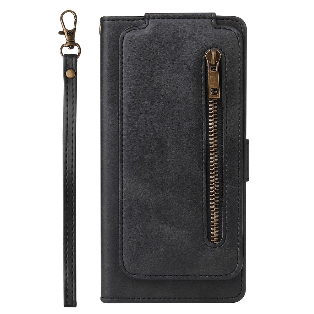 For Samsung Galaxy S21 FE 5G / S21 Fan Edition PU leather 9 Card Holder Slots Zipper Pocket Case Magnetic Closure Stand Wallet Cover with Strap - Black-2