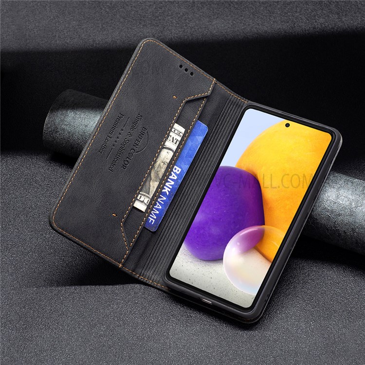 BINFEN COLOR BF08 PU Leather Wallet Phone Case for Samsung Galaxy A73 5G, RFID Blocking Stand Magnetic Absorption Shockproof TPU Flip Cover - Black-9