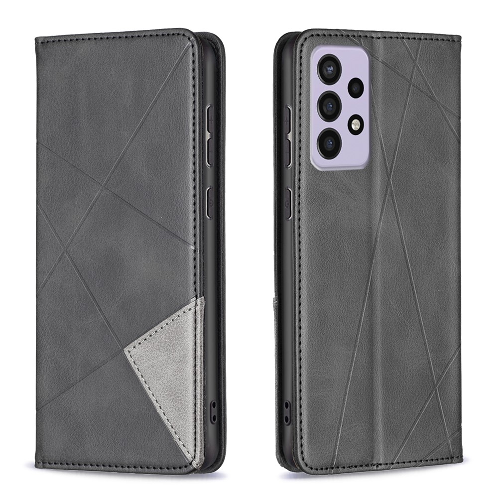 For Samsung Galaxy A73 5G Splicing Style Phone Cover Rhombus-Like Imprinting Card Slots Design Leather Stand Phone Case - Black-1