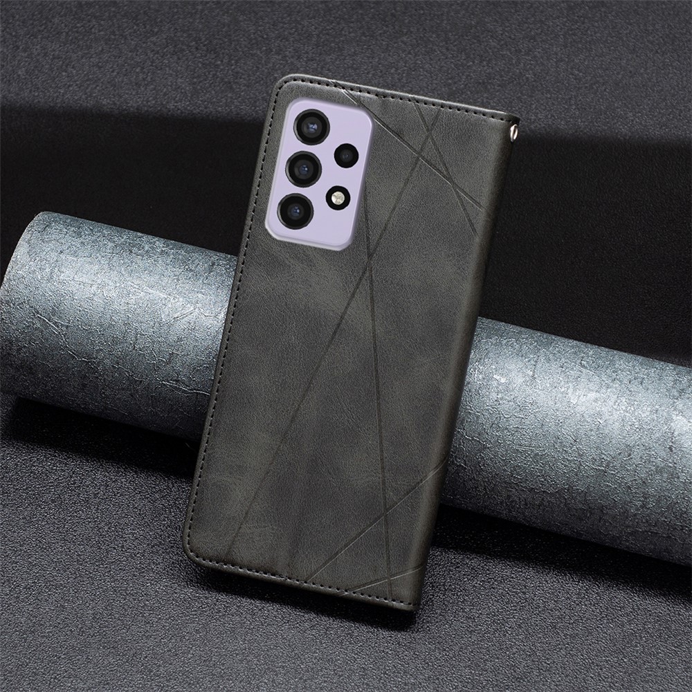 For Samsung Galaxy A73 5G Splicing Style Phone Cover Rhombus-Like Imprinting Card Slots Design Leather Stand Phone Case - Black-8