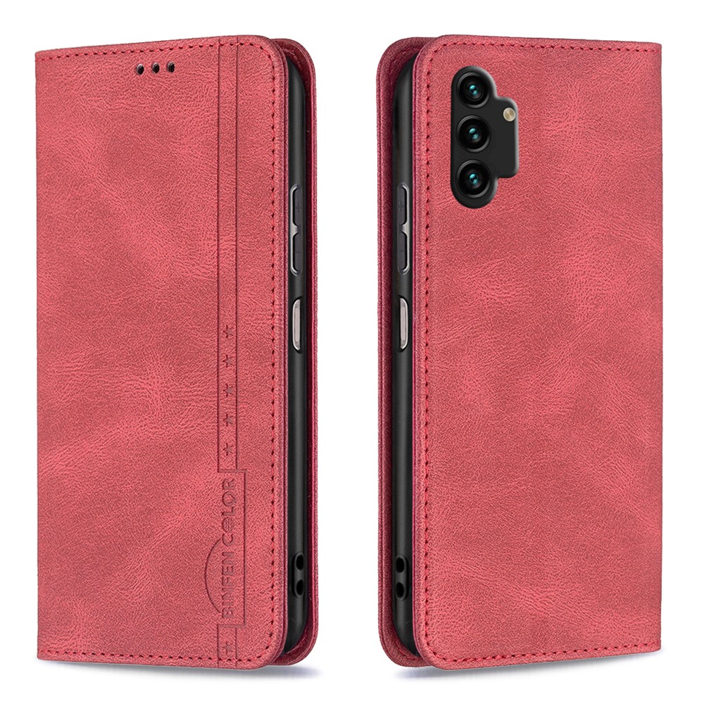 BINFEN COLOR BF08 PU Leather Flip Folio Case for Samsung Galaxy A13 4G, Magnetic Absorption RFID Blocking Wallet Stand Phone Cover - Red-1