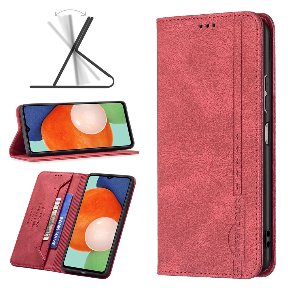 BINFEN COLOR BF08 PU Leather Flip Folio Case for Samsung Galaxy A13 4G, Magnetic Absorption RFID Blocking Wallet Stand Phone Cover - Red-4