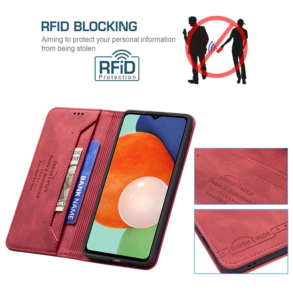 BINFEN COLOR BF08 PU Leather Flip Folio Case for Samsung Galaxy A13 4G, Magnetic Absorption RFID Blocking Wallet Stand Phone Cover - Red-6