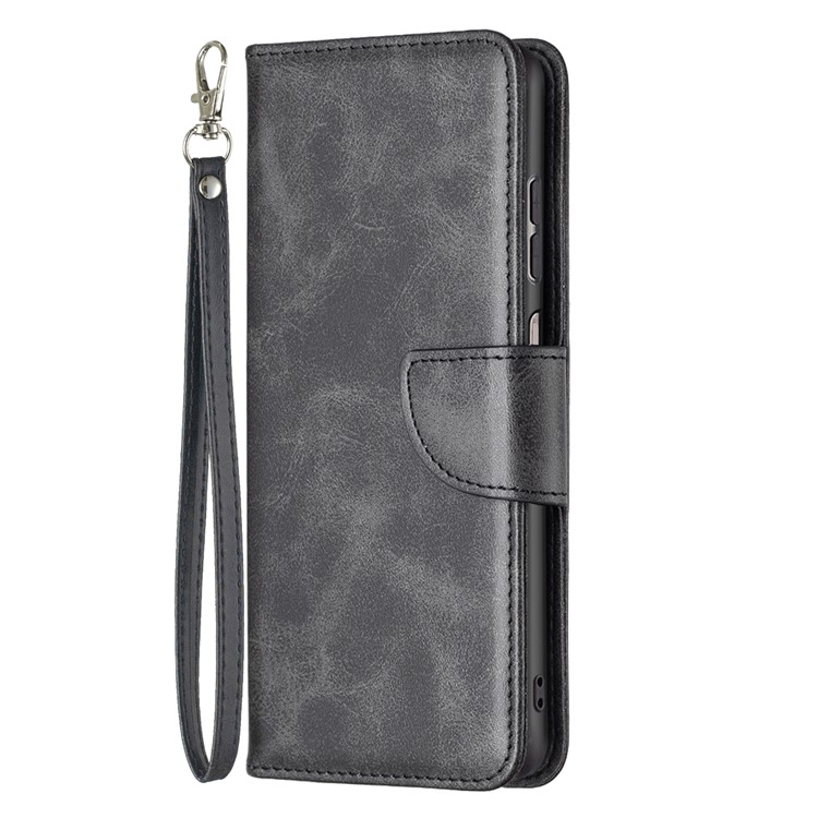 For Samsung Galaxy A13 4G / A13 5G / A04 4G (164.4 x 76.3 x 9.1 mm) Textured PU Leather Folio Flip Cover Stand Magnetic Phone Case with Strap - Black-2