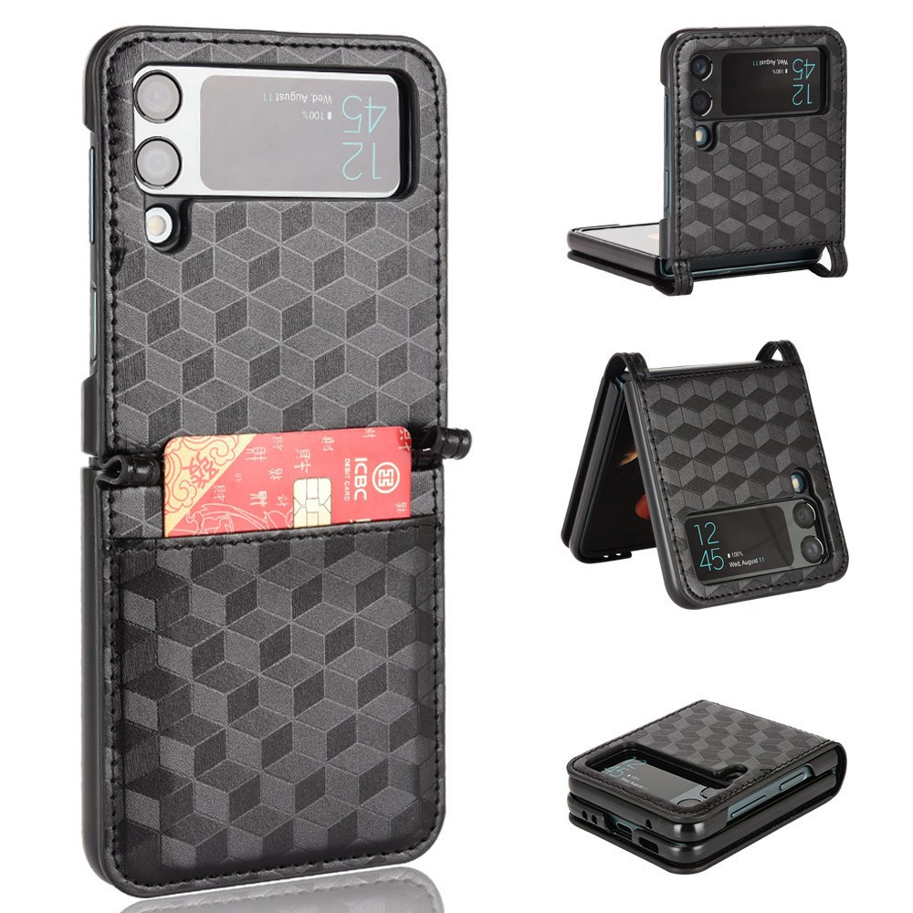 For Samsung Galaxy Z Flip3 5G Rhombus Imprinted PU Leather Coated PC One-piece Flipping Phone Case with Card Holder - Black-1
