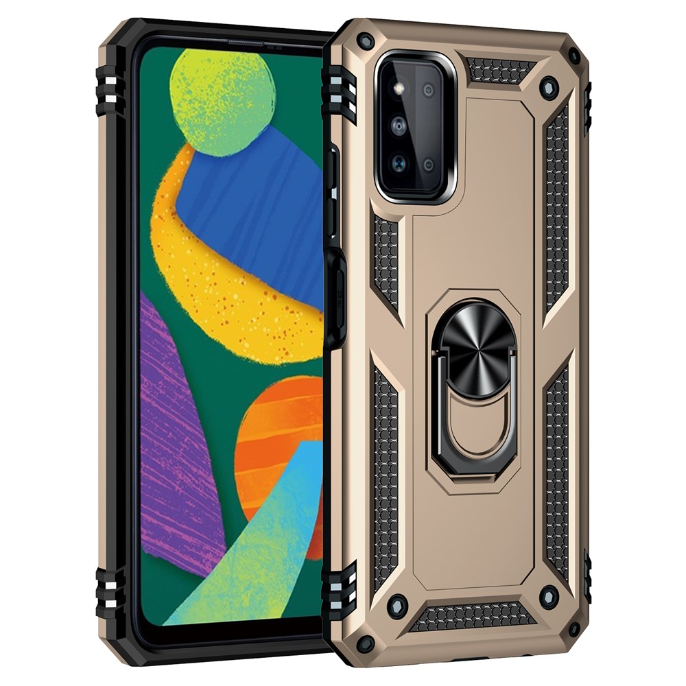 For Samsung Galaxy F52 5G Military Grade Anti-Drop Hybrid Phone Case with Ring Kickstand Cell Phone Case - Gold-2