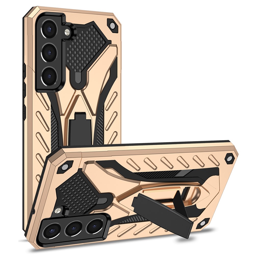 Phantom Knight Series Kickstand PC + TPU Hybrid Cover for Samsung Galaxy S22+ 5G, Shockproof Anti-scratch Phone Case - Gold-1
