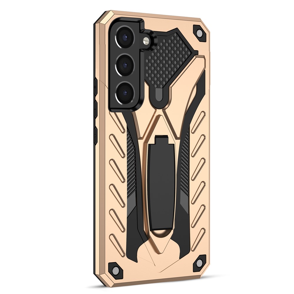 Phantom Knight Series Kickstand PC + TPU Hybrid Cover for Samsung Galaxy S22+ 5G, Shockproof Anti-scratch Phone Case - Gold-3