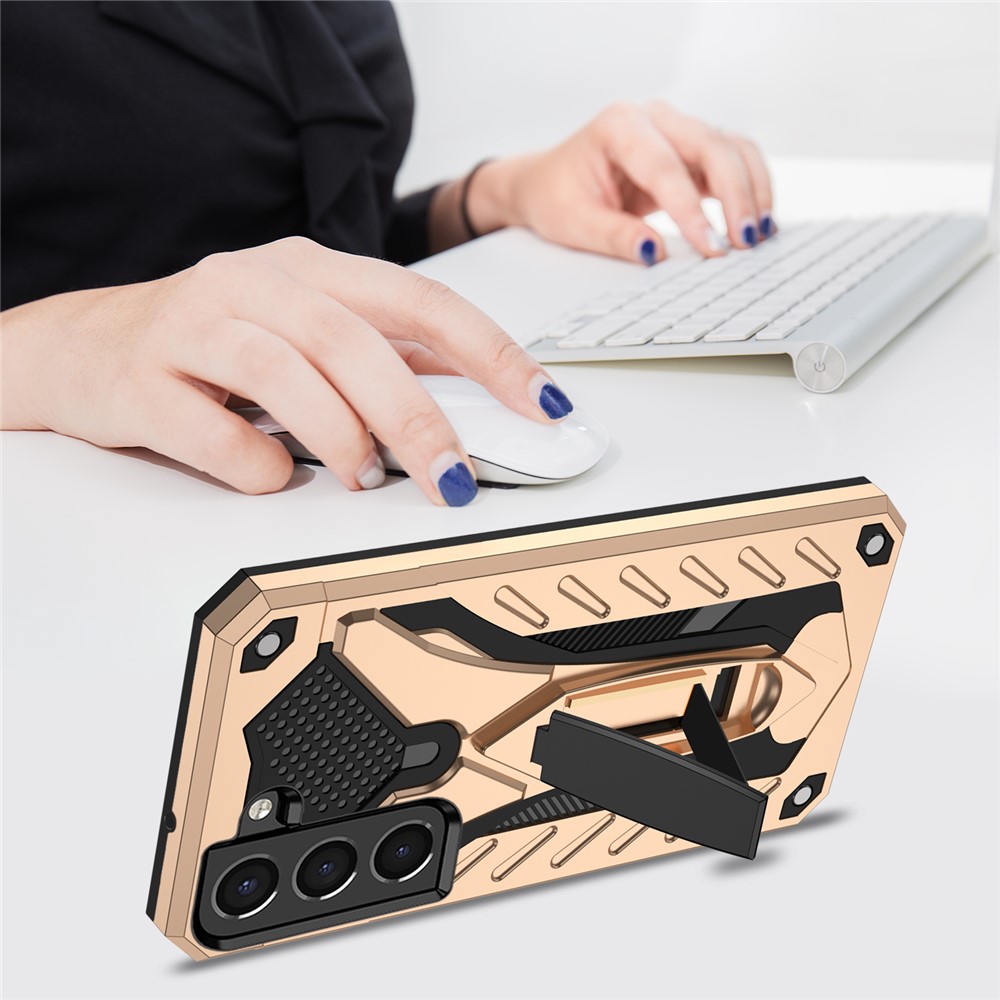 Phantom Knight Series Kickstand PC + TPU Hybrid Cover for Samsung Galaxy S22+ 5G, Shockproof Anti-scratch Phone Case - Gold-4
