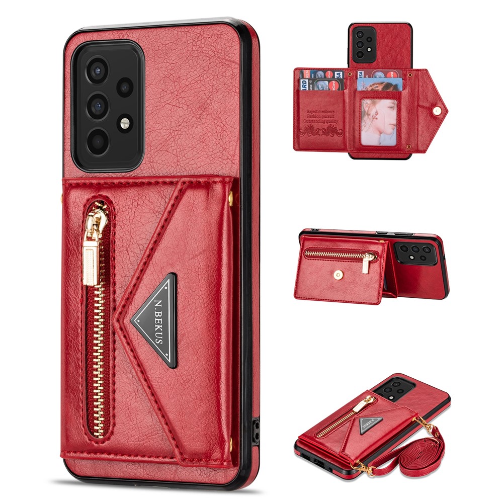 N.BEKUS for Samsung Galaxy A72 4G/5G Zippered Pocket Wallet Kickstand Design PU Leather + TPU Phone Case - Red