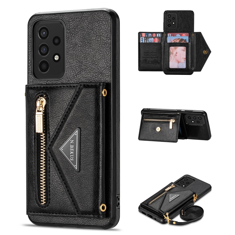 N.BEKUS for Samsung Galaxy A72 4G/5G Zippered Pocket Wallet Kickstand Design PU Leather + TPU Phone Case - Black