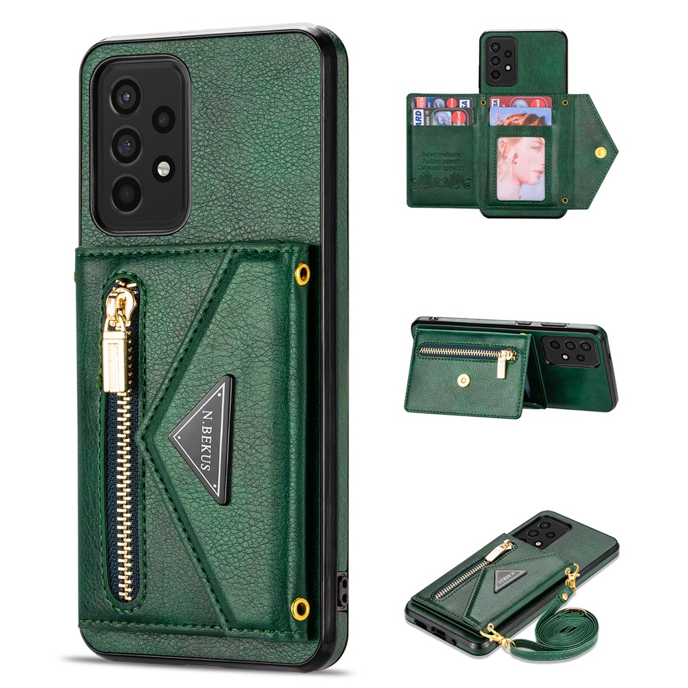 N.BEKUS for Samsung Galaxy A72 4G/5G Zippered Pocket Wallet Kickstand Design PU Leather + TPU Phone Case - Blackish Green