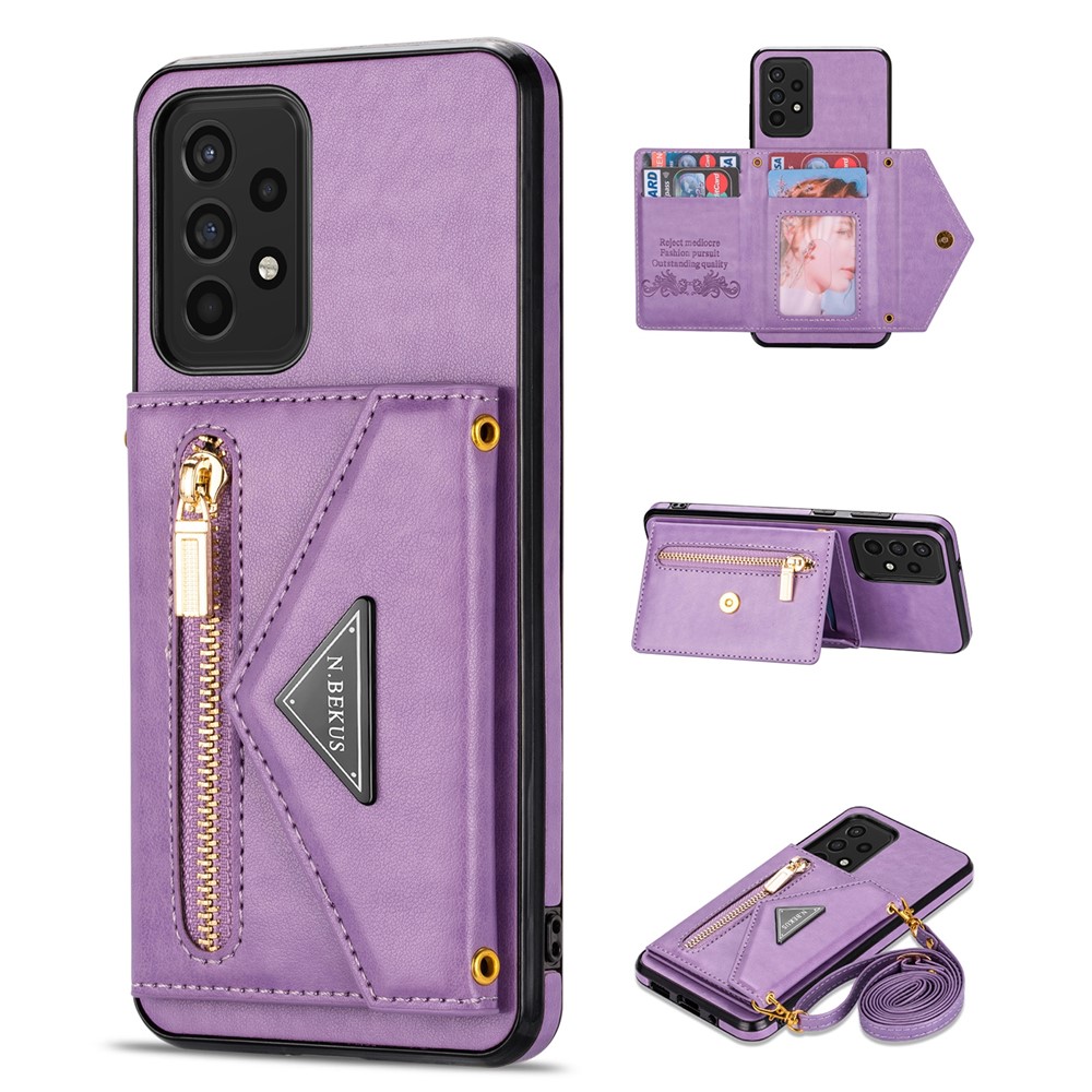 N.BEKUS for Samsung Galaxy A72 4G/5G Zippered Pocket Wallet Kickstand Design PU Leather + TPU Phone Case - Purple