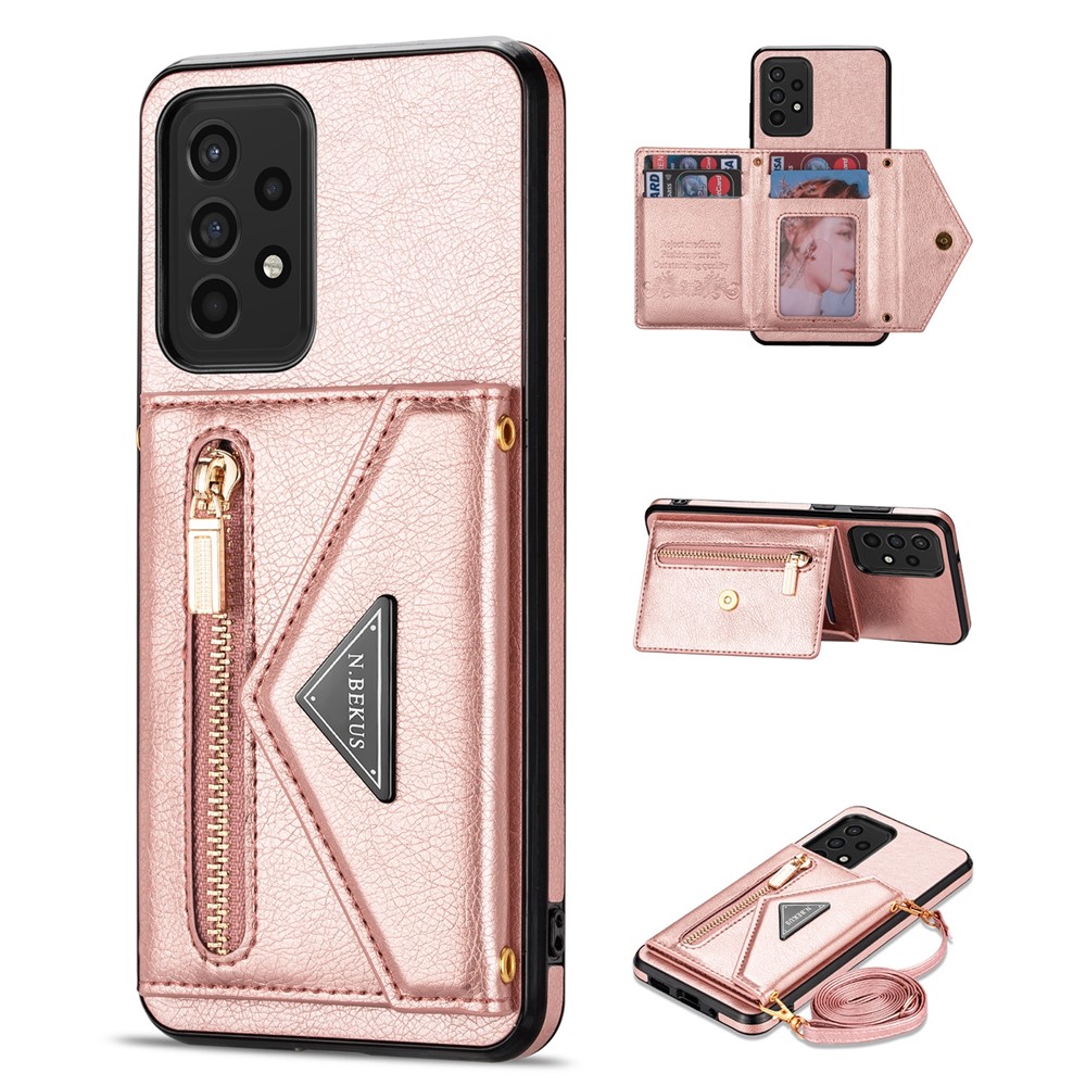 N.BEKUS for Samsung Galaxy A72 4G/5G Zippered Pocket Wallet Kickstand Design PU Leather + TPU Phone Case - Pink