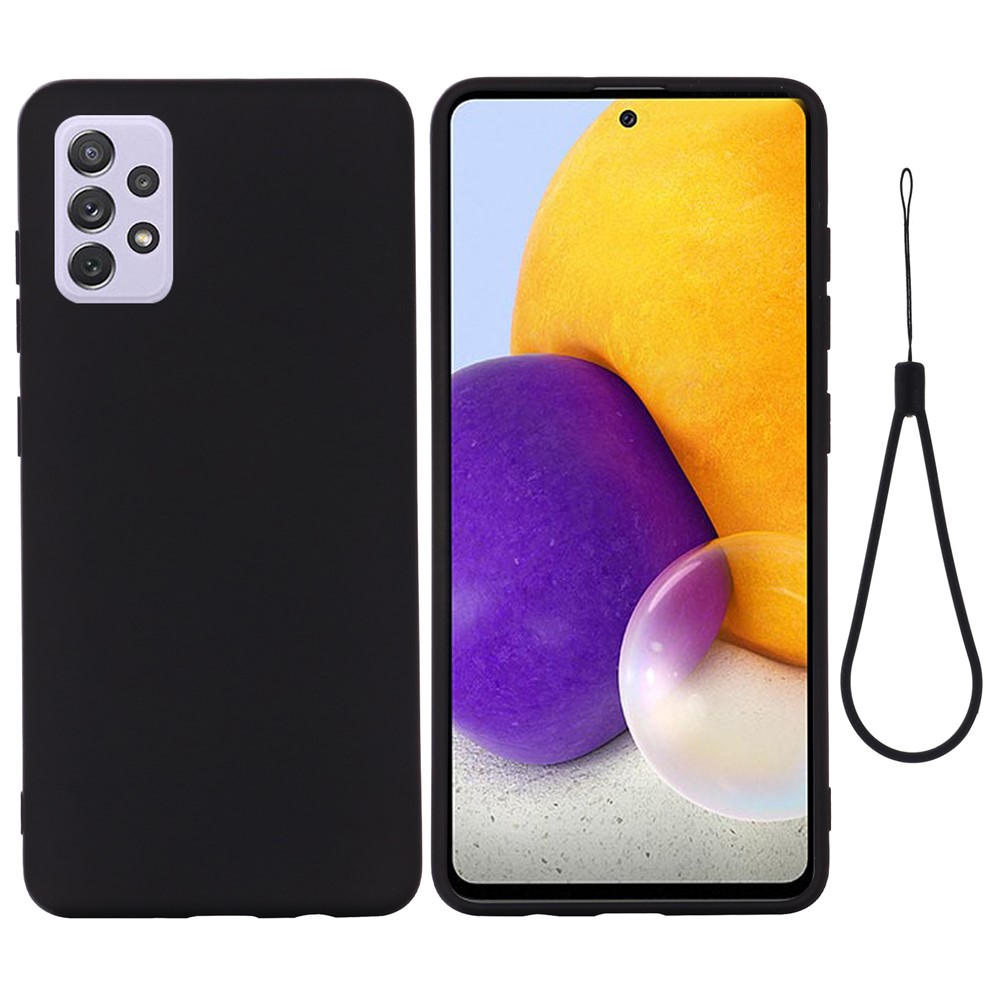 Liquid Silicone Phone Case for Samsung Galaxy A73 5G, Solid Color Anti-Drop Anti-Scratch Protective Cover with Strap - Black-1