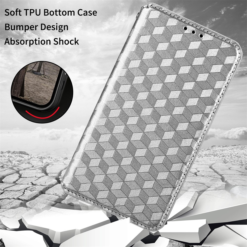 For Samsung Galaxy A03s (166.5 x 75.98 x 9.14mm) Rhombus Imprinted Wallet Leather Case Foldable Stand Phone Shell - Silver-8