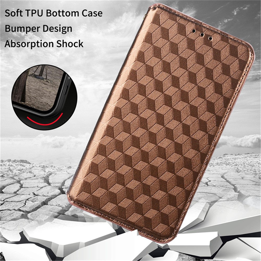 For Samsung Galaxy A02s/A03s (164.2 x 75.9 x 9.1mm) PU Leather Case Rhombus Imprinted Magnetic Closure Phone Cover with Stand Wallet - Brown-7