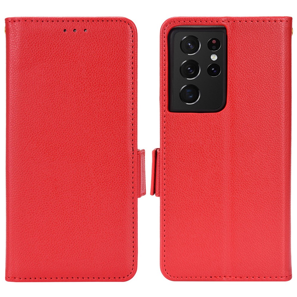 PU Leather Wallet Stand Case for Samsung Galaxy S21 Ultra 5G, Magnetic Clasp Litchi Texture Phone Cover - Red-1