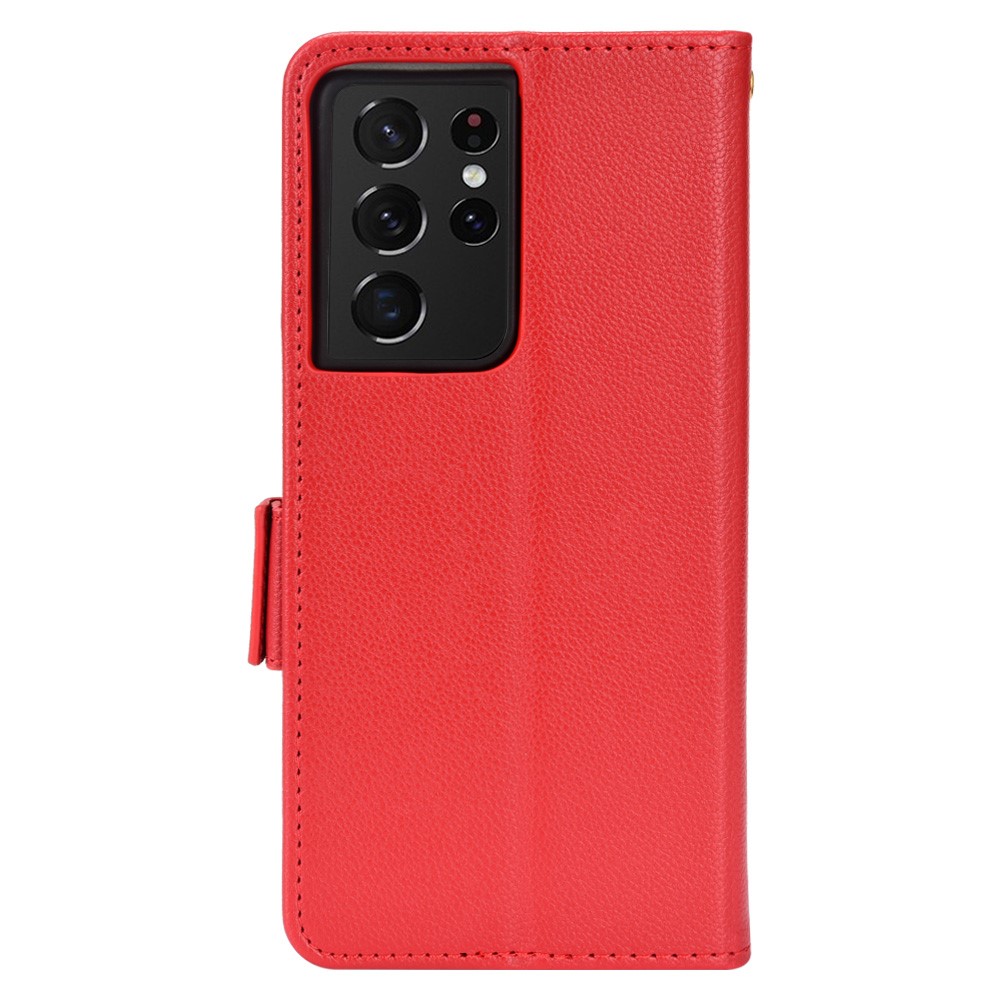 PU Leather Wallet Stand Case for Samsung Galaxy S21 Ultra 5G, Magnetic Clasp Litchi Texture Phone Cover - Red-3