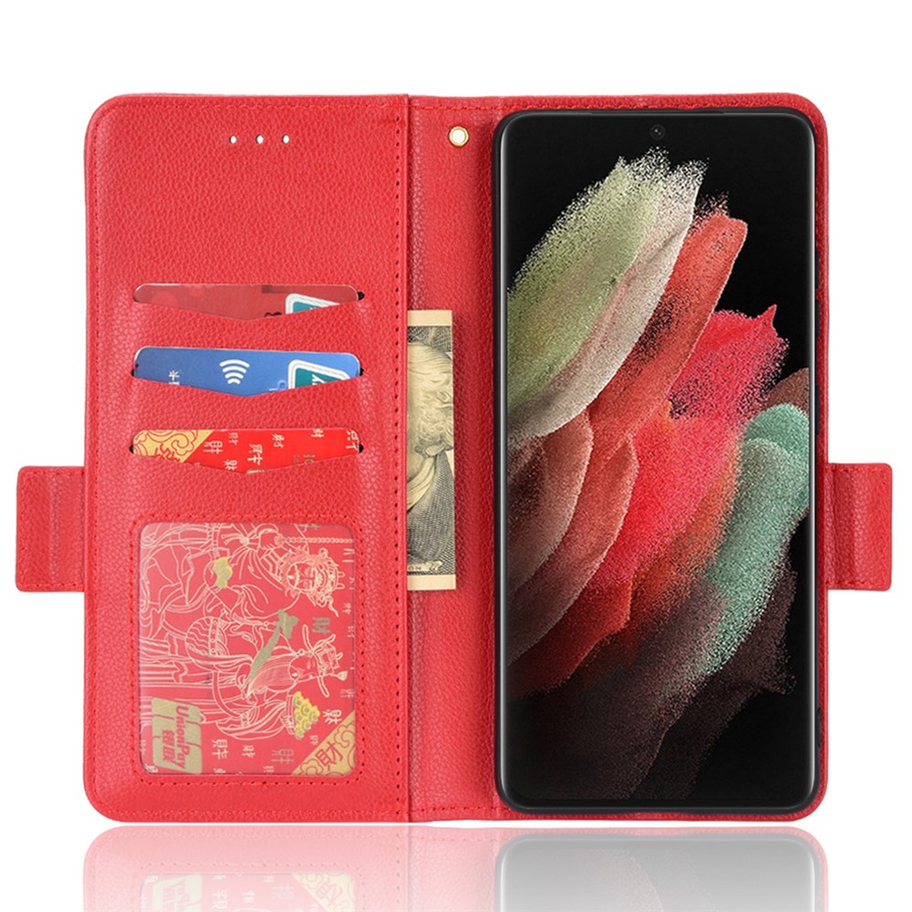 PU Leather Wallet Stand Case for Samsung Galaxy S21 Ultra 5G, Magnetic Clasp Litchi Texture Phone Cover - Red-4