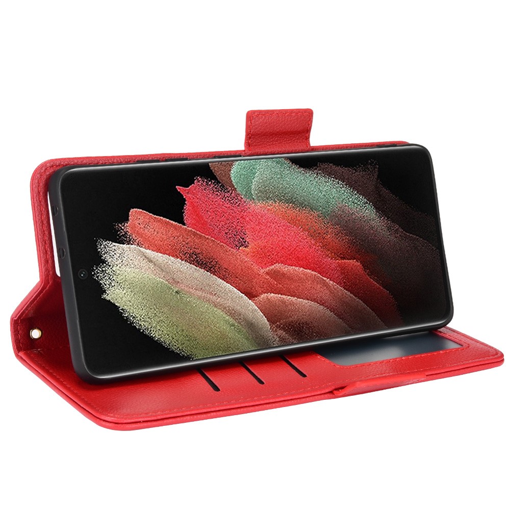 PU Leather Wallet Stand Case for Samsung Galaxy S21 Ultra 5G, Magnetic Clasp Litchi Texture Phone Cover - Red-5