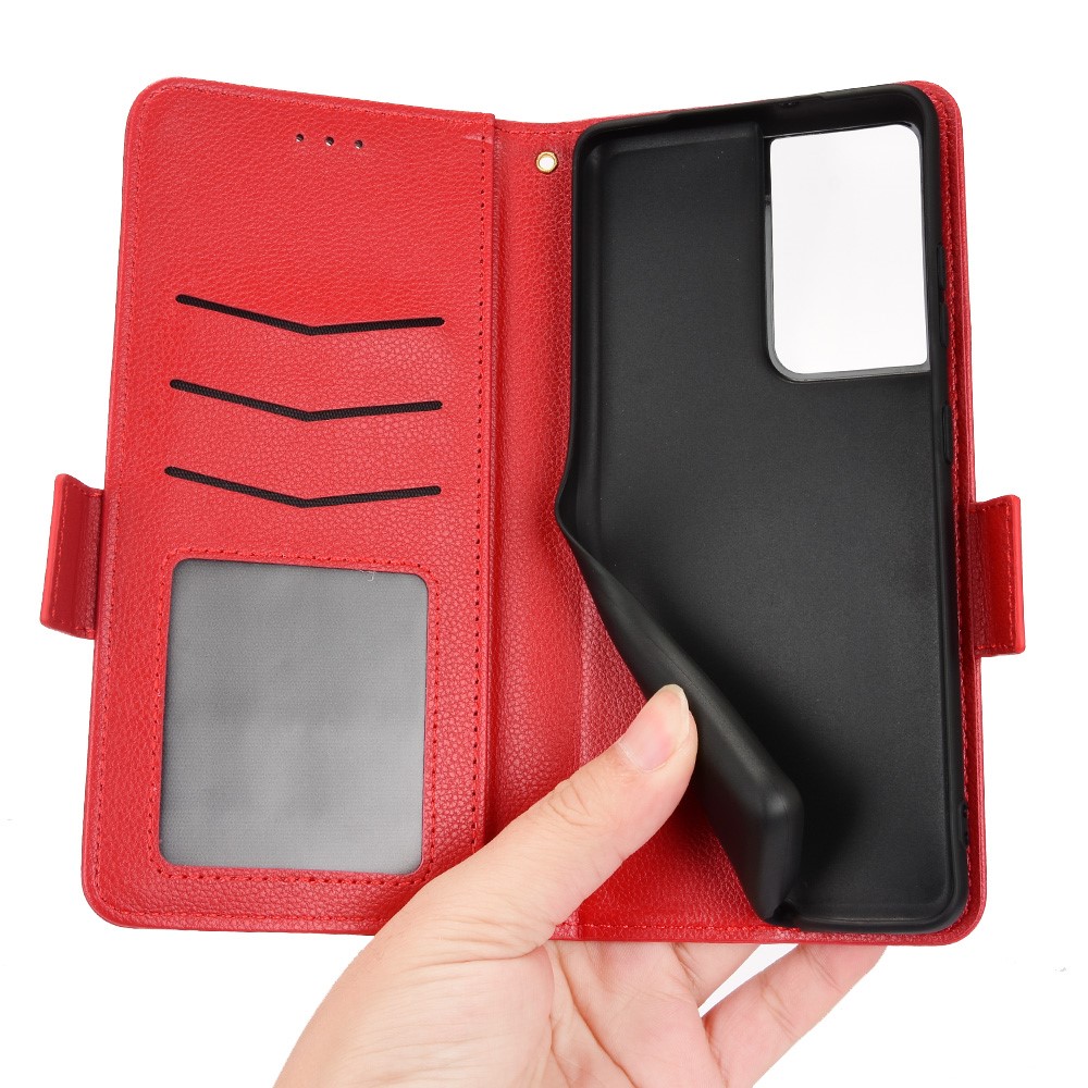 PU Leather Wallet Stand Case for Samsung Galaxy S21 Ultra 5G, Magnetic Clasp Litchi Texture Phone Cover - Red-6