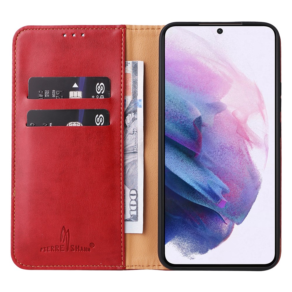FIERRE SHANN For Samsung Galaxy S22 5G PU Leather + TPU Phone Case Folio Flip Stand Wallet Cellphone Cover - Red-4