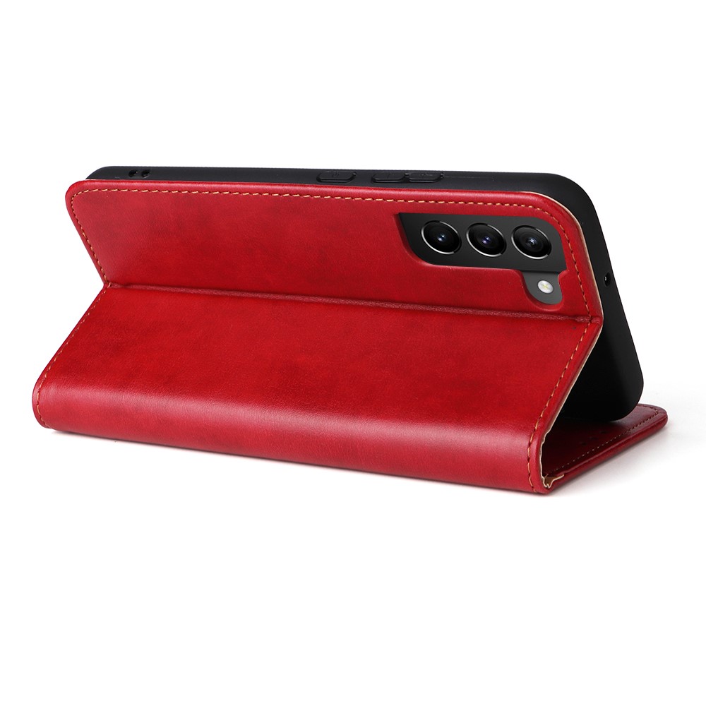 FIERRE SHANN For Samsung Galaxy S22 5G PU Leather + TPU Phone Case Folio Flip Stand Wallet Cellphone Cover - Red-6