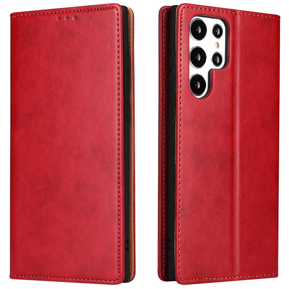 FIERRE SHANN For Samsung Galaxy S22 Ultra 5G PU Leather Wallet Stand Folio Flip Phone Case Magnetic Auto Closing Cover - Red-1