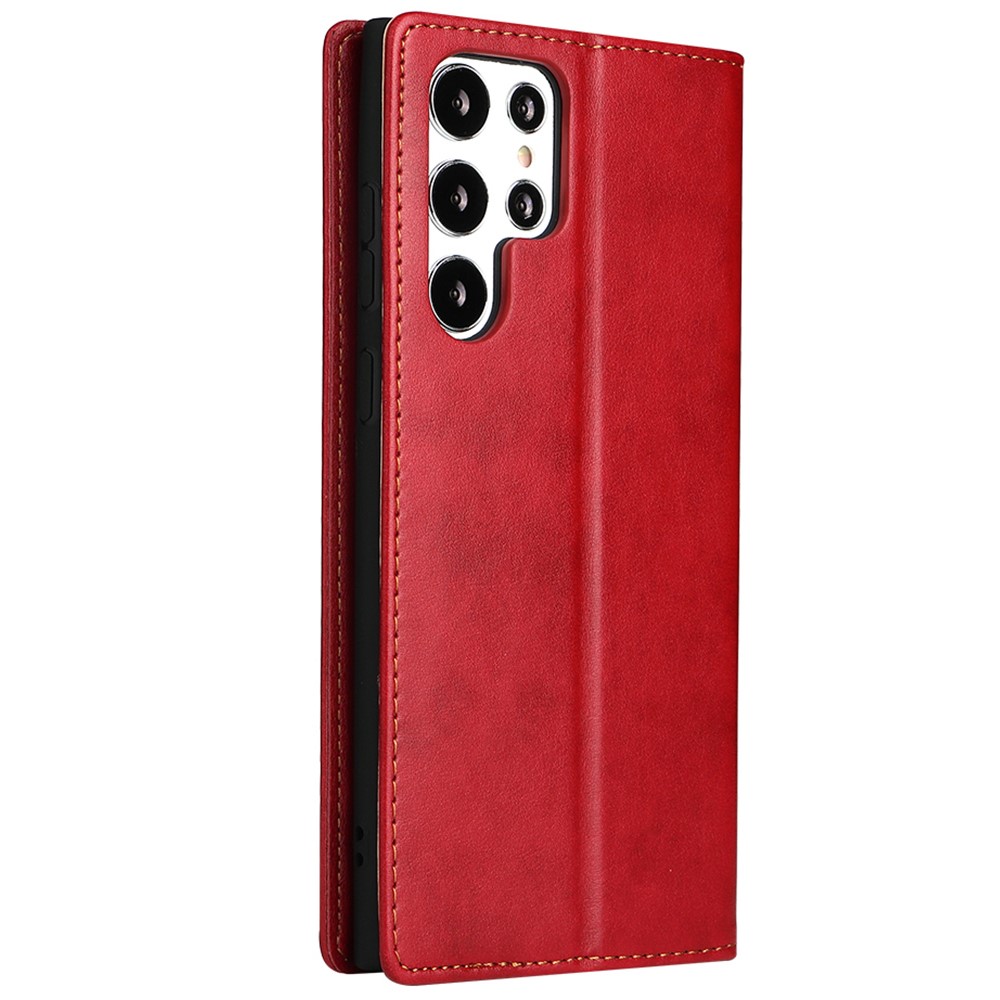 FIERRE SHANN For Samsung Galaxy S22 Ultra 5G PU Leather Wallet Stand Folio Flip Phone Case Magnetic Auto Closing Cover - Red-3