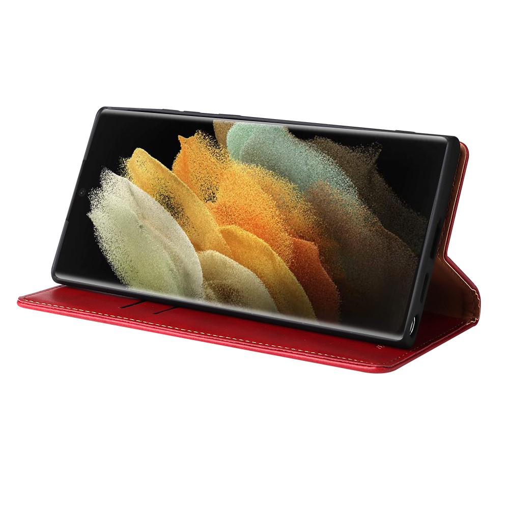 FIERRE SHANN For Samsung Galaxy S22 Ultra 5G PU Leather Wallet Stand Folio Flip Phone Case Magnetic Auto Closing Cover - Red-5
