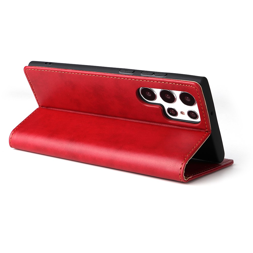 FIERRE SHANN For Samsung Galaxy S22 Ultra 5G PU Leather Wallet Stand Folio Flip Phone Case Magnetic Auto Closing Cover - Red-6