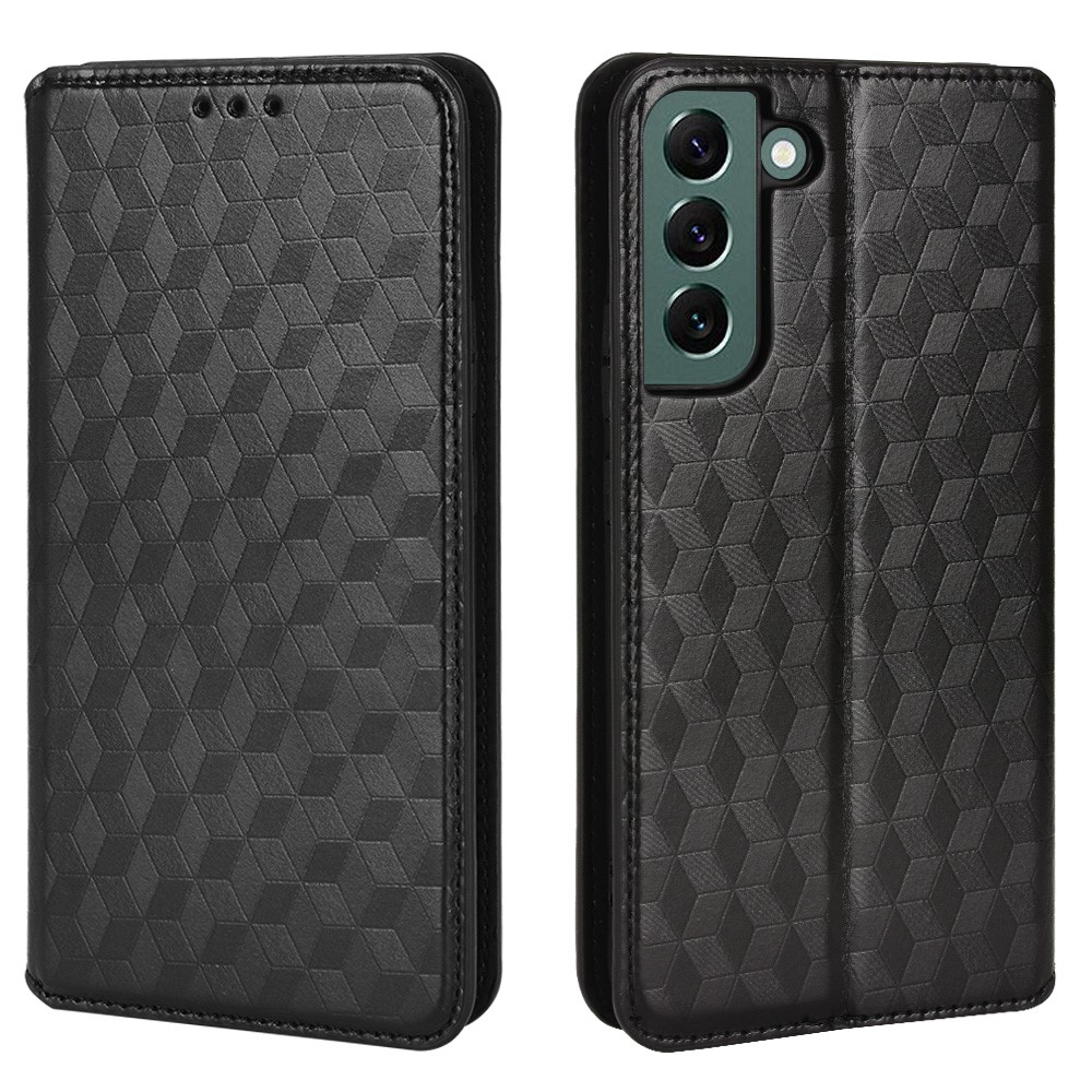 Imprinting Rhombus Leather Phone Case for Samsung Galaxy S21 5G, Wallet Stand Magnetic Auto-absorbed Cover - Black-1