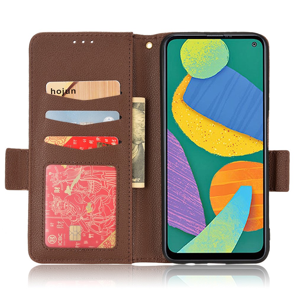 Litchi Texture Side Magnetic Clasp Leather Case for Samsung Galaxy F52 5G, Stand Wallet Protective Phone Shell - Brown-4