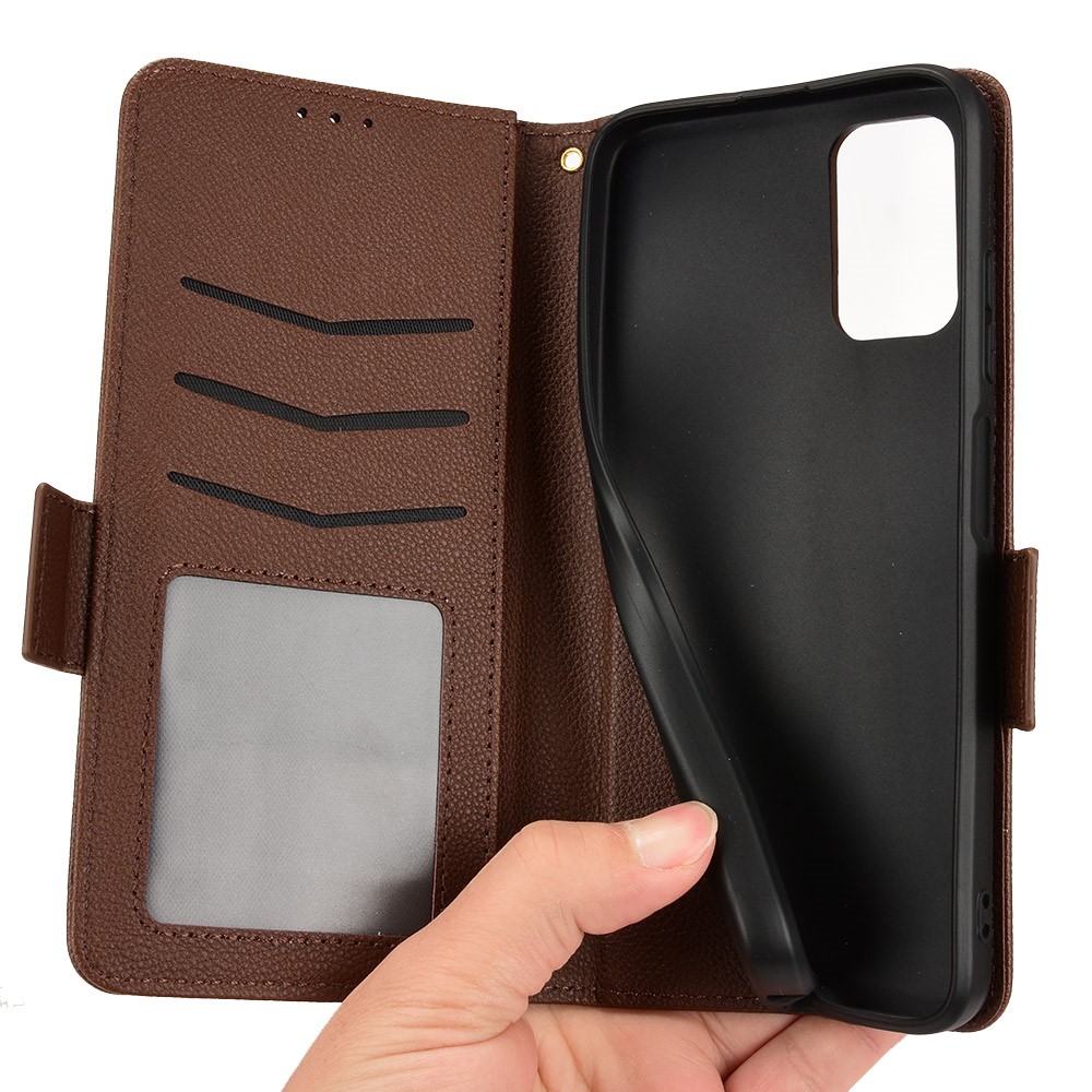 Litchi Texture Side Magnetic Clasp Leather Case for Samsung Galaxy F52 5G, Stand Wallet Protective Phone Shell - Brown-6