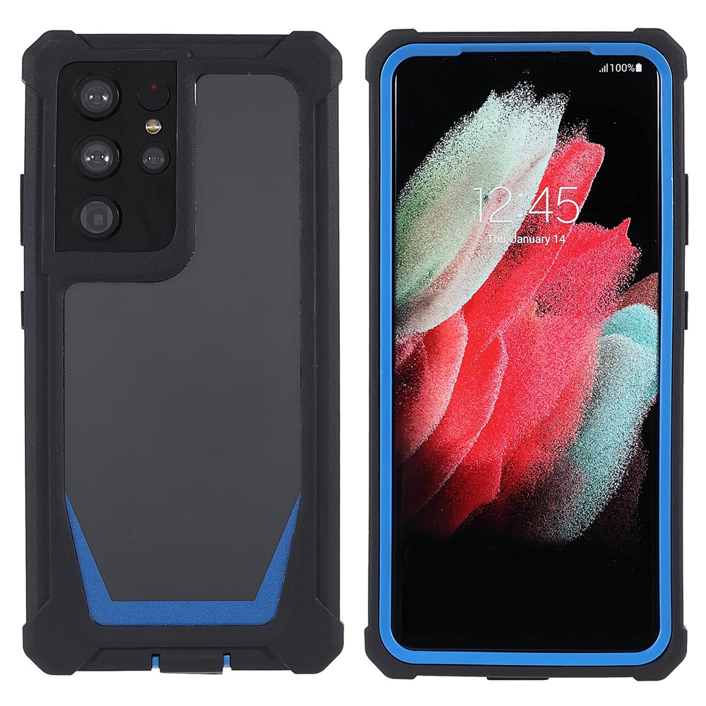 For Samsung Galaxy S21 Ultra 5G TPU Frame + Acrylic Clear Back Hybrid Detachable 2-in-1 Case Anti-drop Phone Cover - Black/Blue-1