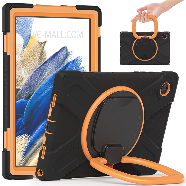 For Samsung Galaxy Tab A8 10.5 (2021) Tablet Case 360 Degree Rotary Kickstand Anti-fall Protection PC + Silicone Hybrid Cover - Black/Orange-1
