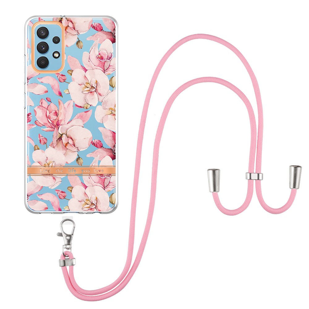 YB IMD-9 Series Electroplating TPU Phone Case for Samsung Galaxy A32 4G (EU Version), Lanyard Design Flower Pattern IMD IML Cellphone Cover - HC005 Pink Gardenia-1