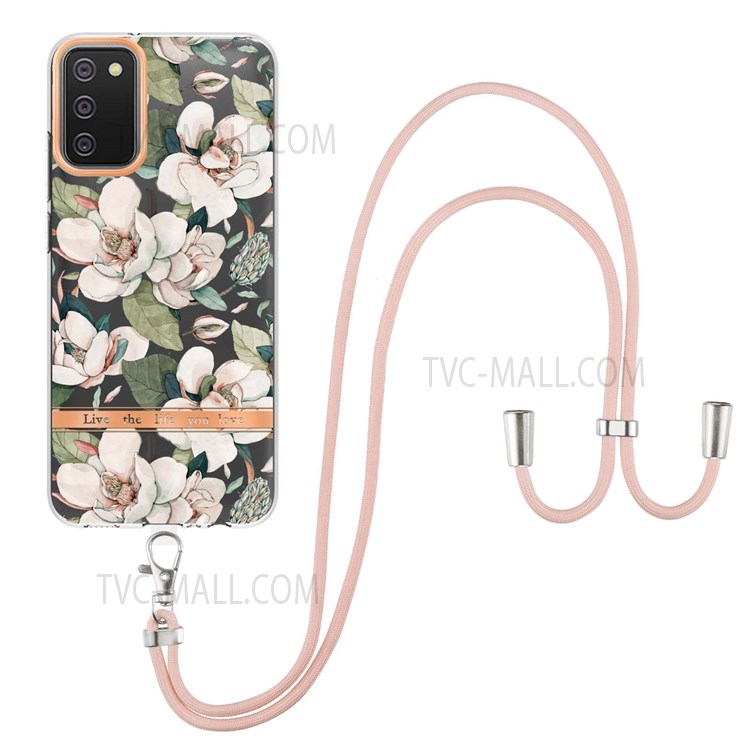 For Samsung Galaxy A02s (166.5x75.9x9.2mm) YB IMD-9 Series Flower Pattern Phone Case Lanyard Style Electroplating IMD TPU Shockproof Protection Cover - HC001 Green Gardenia-1