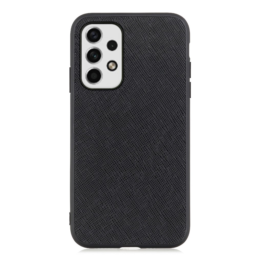 For Samsung Galaxy A23 5G Cross Texture Genuine Leather Coated TPU Frame + PC Back Cover Phone Case - Black-1
