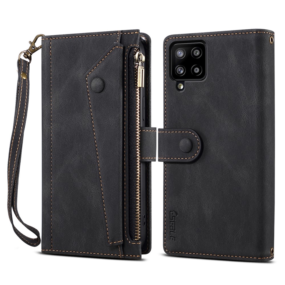ESEBLE For Samsung Galaxy A12 5G PU Leather Phone Case Bag Zipper Pocket Wallet Stand Shockproof Phone Covering with Wrist Strap - Black-1