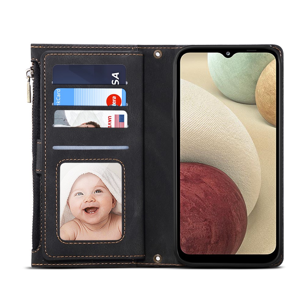 ESEBLE For Samsung Galaxy A12 5G PU Leather Phone Case Bag Zipper Pocket Wallet Stand Shockproof Phone Covering with Wrist Strap - Black-5