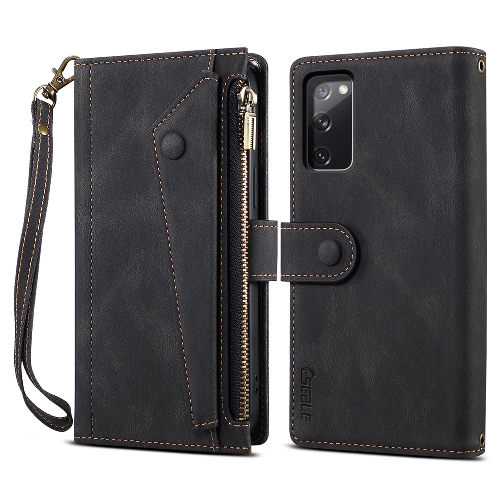 ESEBLE For Samsung Galaxy S20 FE 5G Anti-scratch Cell Phone Cover Zipper Pocket Wallet Stand Shockproof Phone Case Bag with Wrist Strap - Black-1