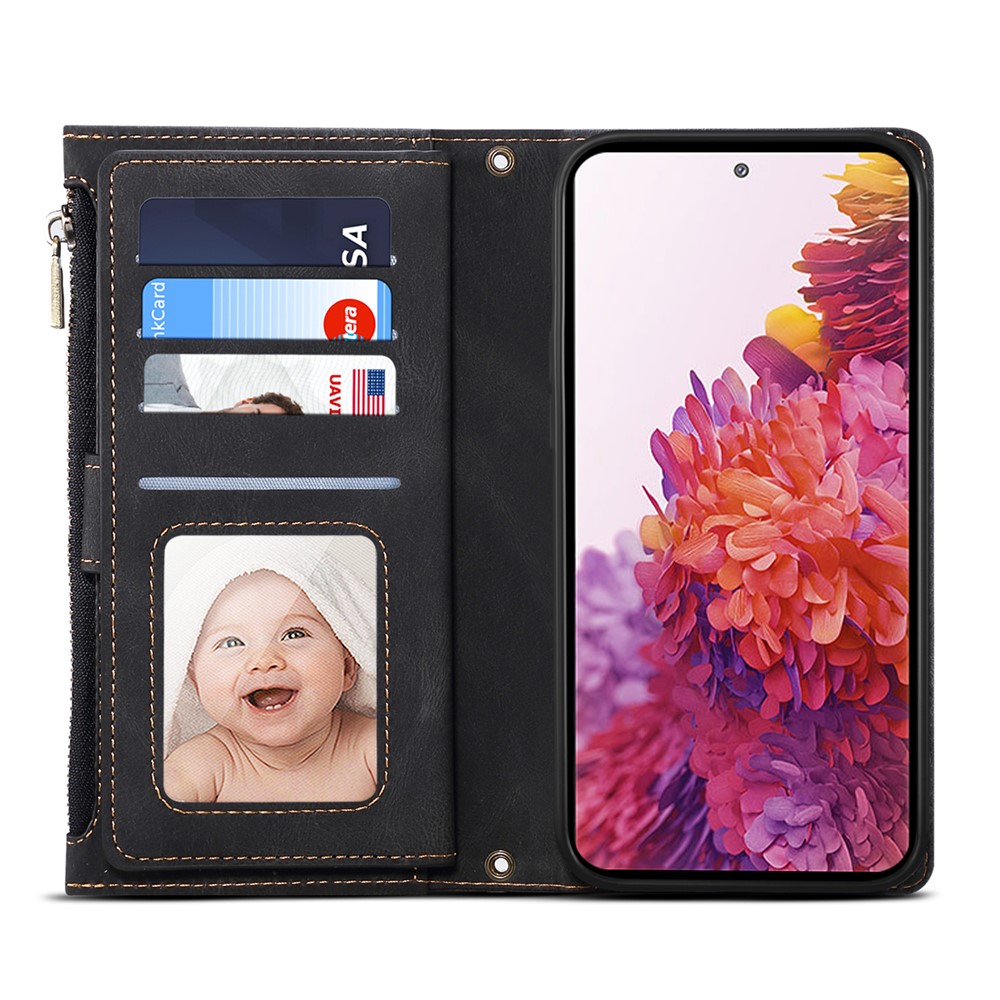 ESEBLE For Samsung Galaxy S20 FE 5G Anti-scratch Cell Phone Cover Zipper Pocket Wallet Stand Shockproof Phone Case Bag with Wrist Strap - Black-5