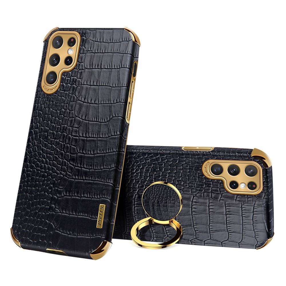 For Samsung Galaxy S22 Ultra 5G Shockproof Phone Cover Bag Crocodile Texture Kickstand Electroplating Finger Ring Holder PU Leather Coated TPU Phone Case - Black-1