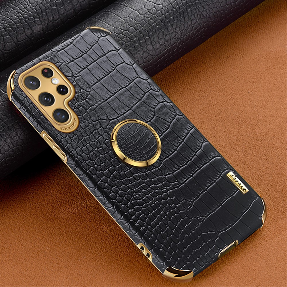 For Samsung Galaxy S22 Ultra 5G Shockproof Phone Cover Bag Crocodile Texture Kickstand Electroplating Finger Ring Holder PU Leather Coated TPU Phone Case - Black-2